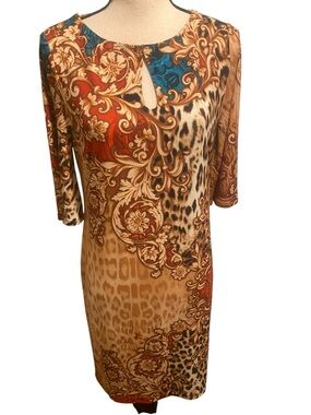 Chicos Women's Midi Shift Dress Animal Print Baroque Keyhole Chest New size 4/6
